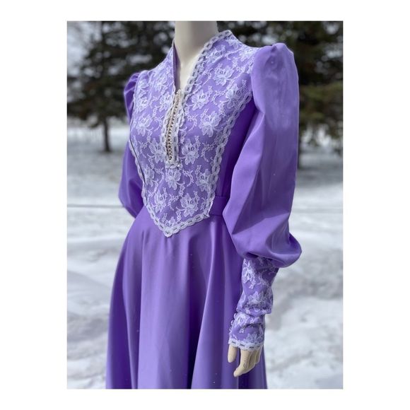 Vintage 70s Prairie Style Maxi Dress Lilac Lace Cottagecore Farmcore M - Picture 8 of 15